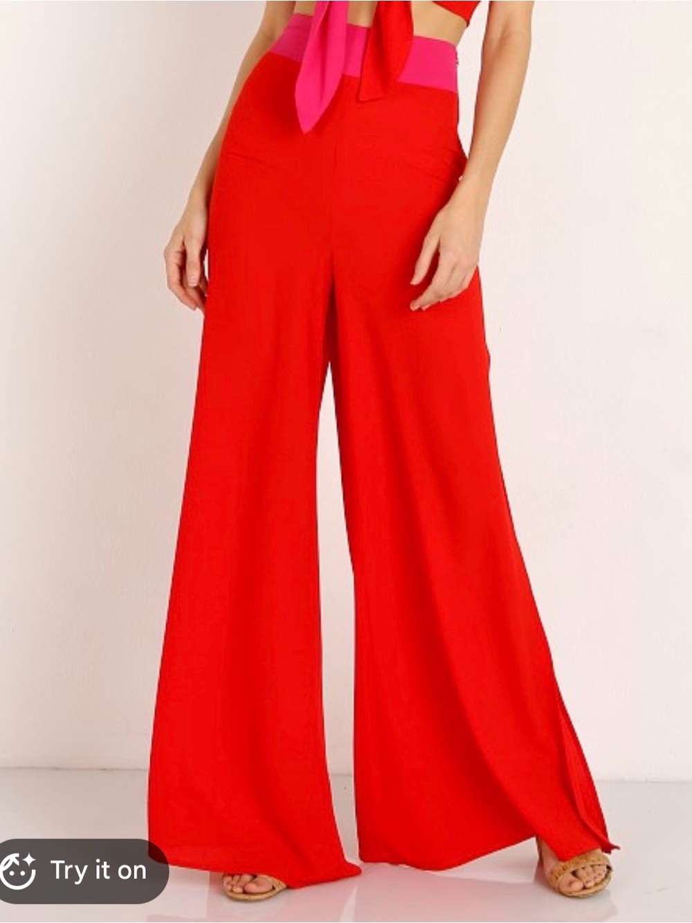 Show Me Your Mumu High-Waist Wide-Leg Red Pink Campbell Slit Palazzo Pants XS